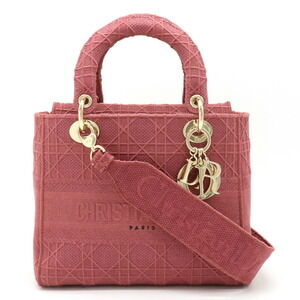 Christian Dior Lady Lite Cannage Embroidery Shoulder Bag Canvas Rose